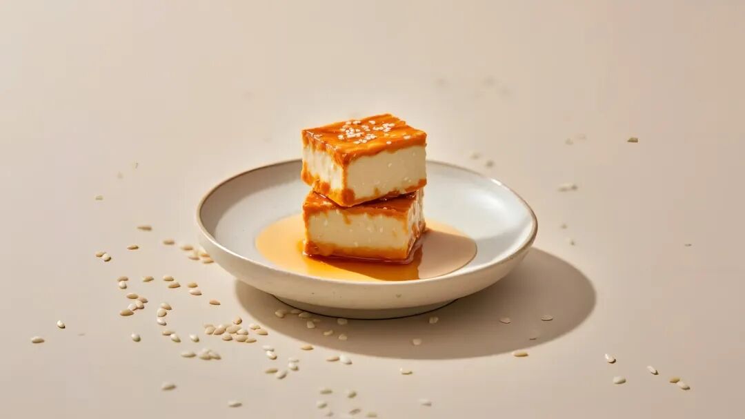 腐乳简约风白色盘子上两块撒有芝麻的豆腐和棕色调料商业照片(商业使用).png