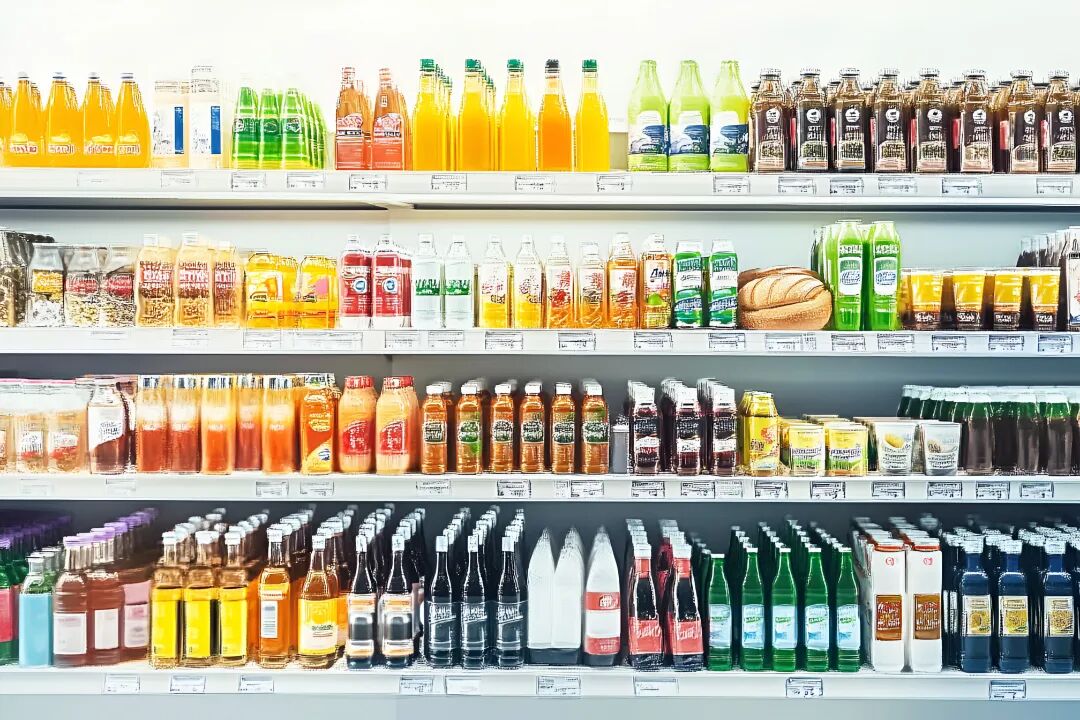 饮品现代简约超市饮料货架果汁汽水茶饮料乳制品商业照片（商业使用）.jpg